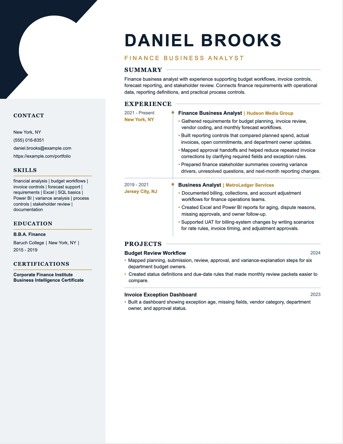 Finance Business Analyst Resume resume example preview