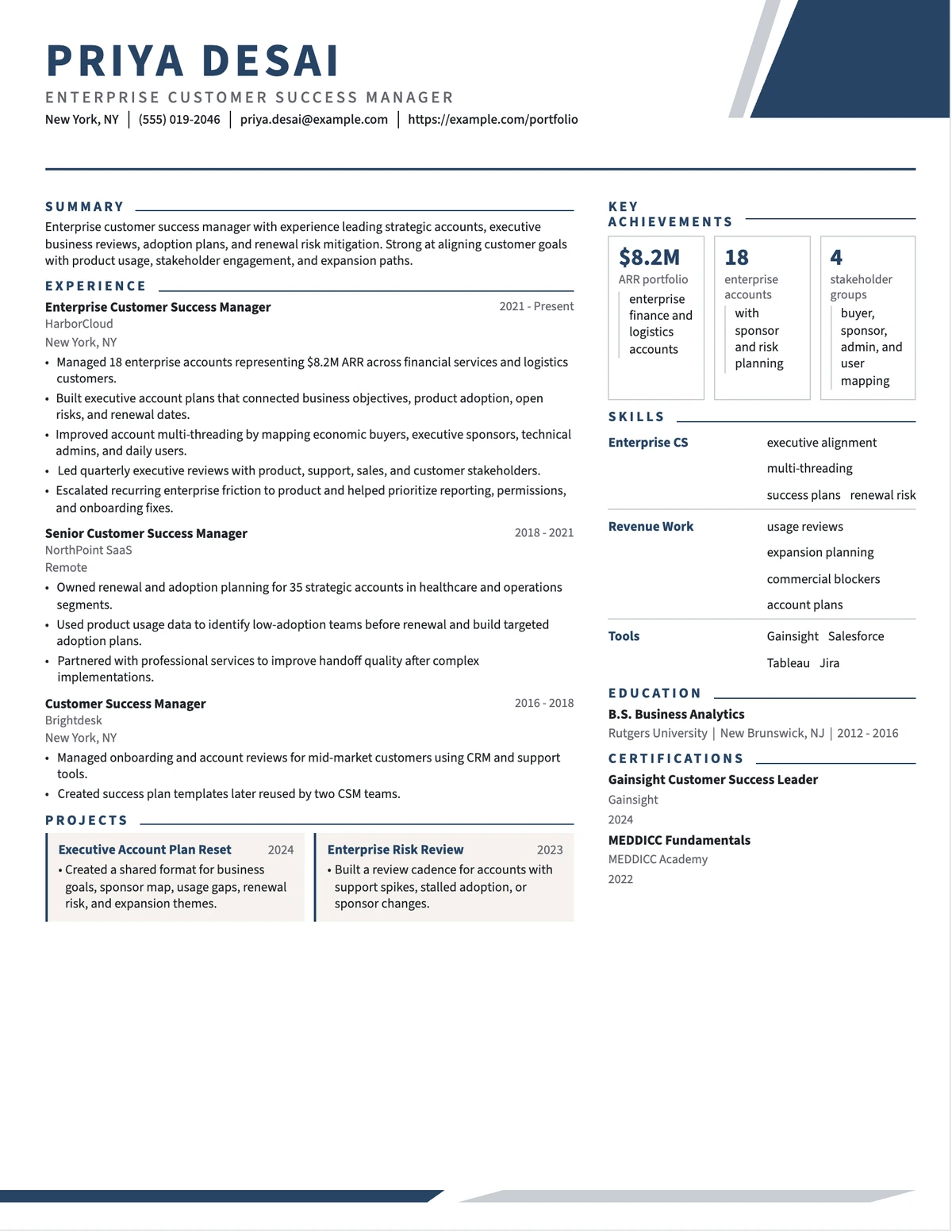 Enterprise Customer Success Manager Resume resume example preview