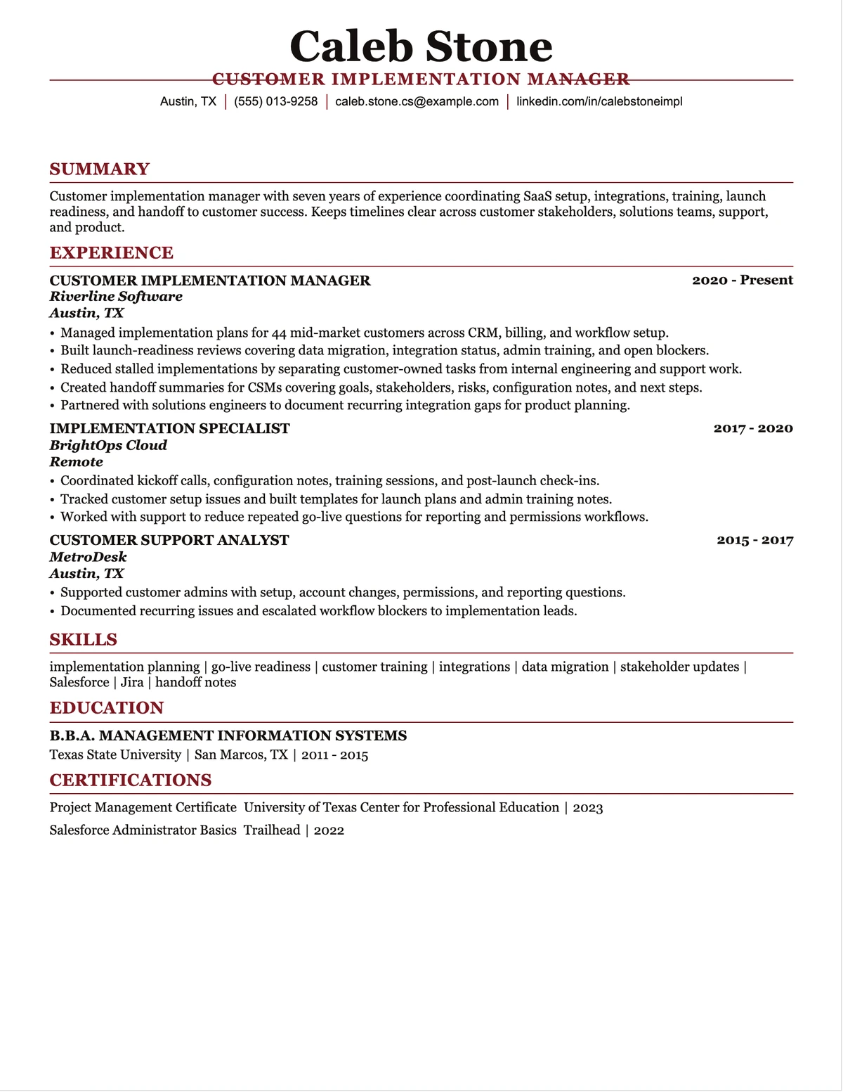 Customer Implementation Manager Resume resume example preview