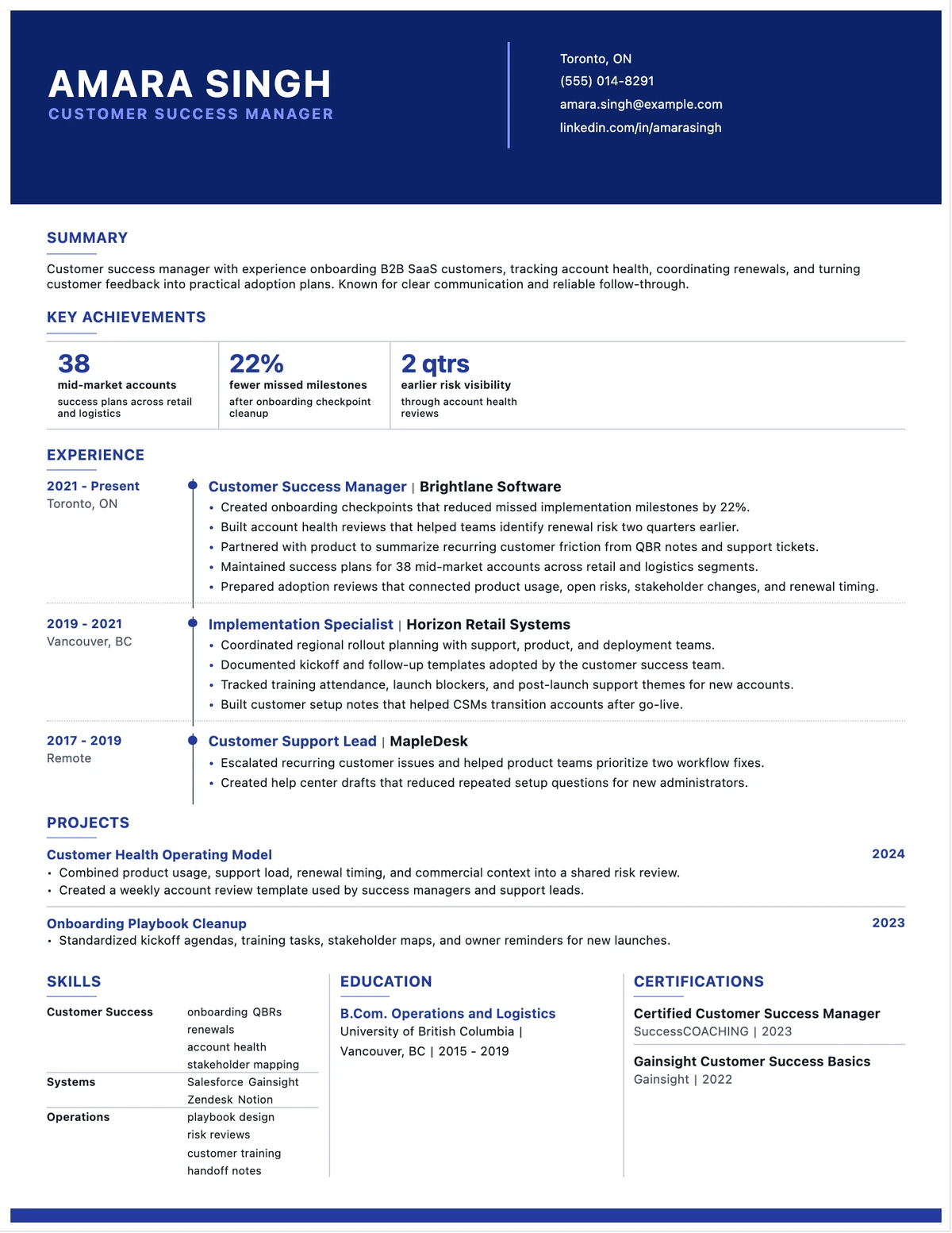 Customer Success Manager Resume resume example preview