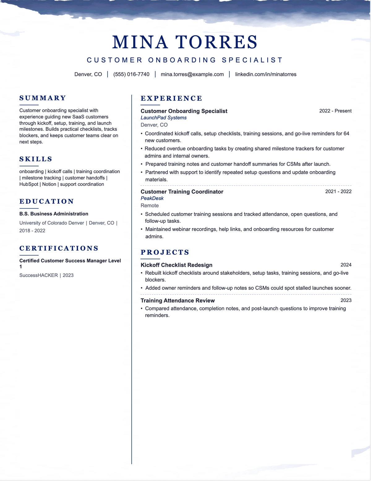 Customer Onboarding Specialist Resume resume example preview