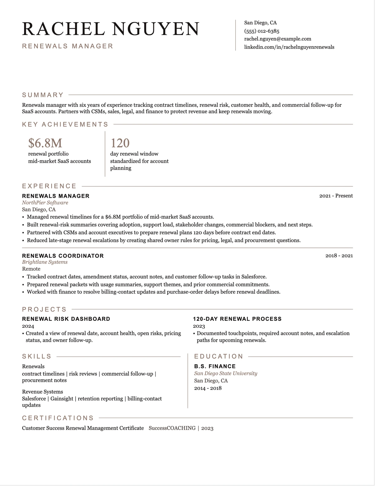 Renewals Manager Resume resume example preview