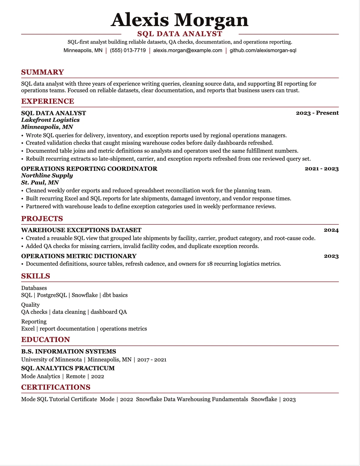 SQL Data Analyst Resume resume example preview