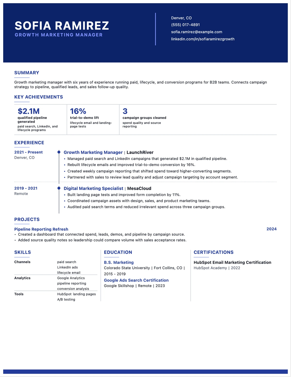 Growth Marketing Manager Resume resume example preview