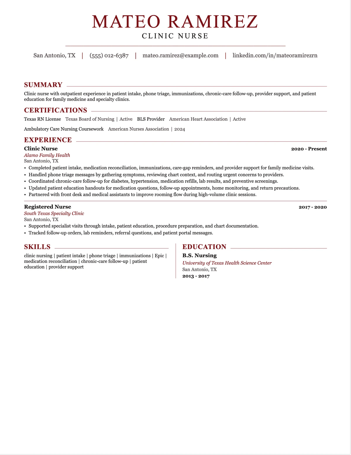 Clinic Nurse Resume resume example preview