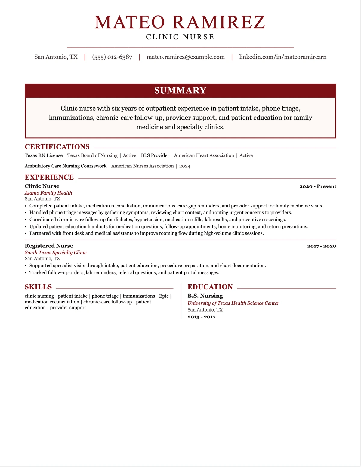 Clinic Nurse Resume resume example preview