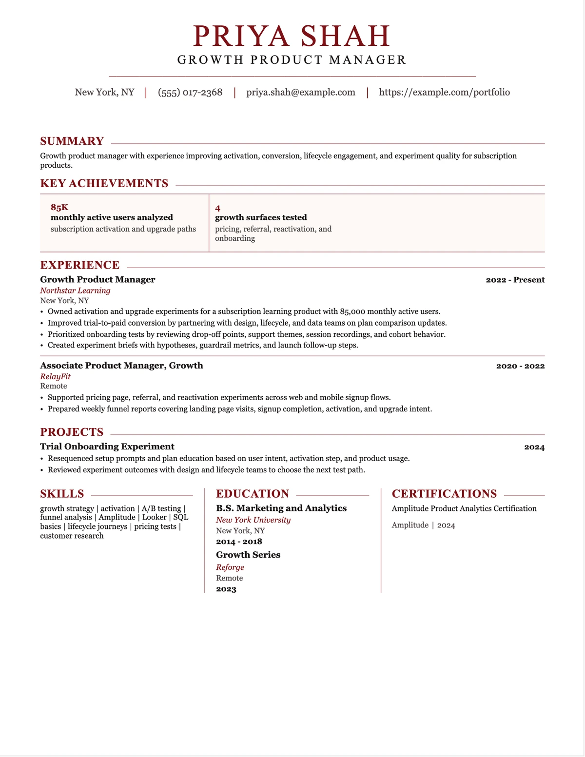 Growth Product Manager Resume resume example preview