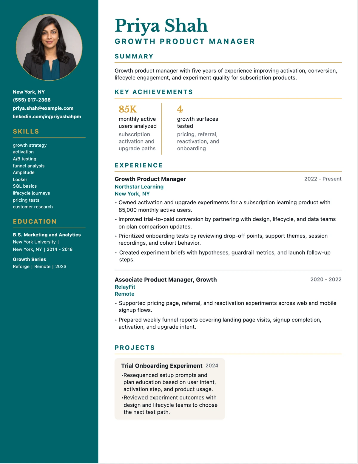Growth Product Manager Resume resume example preview