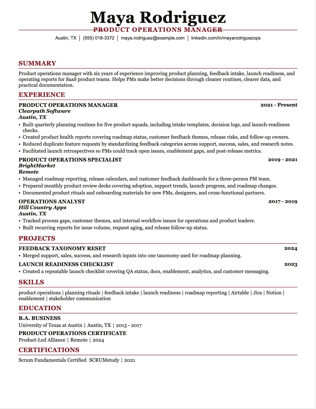 Product Operations Manager Resume resume example preview