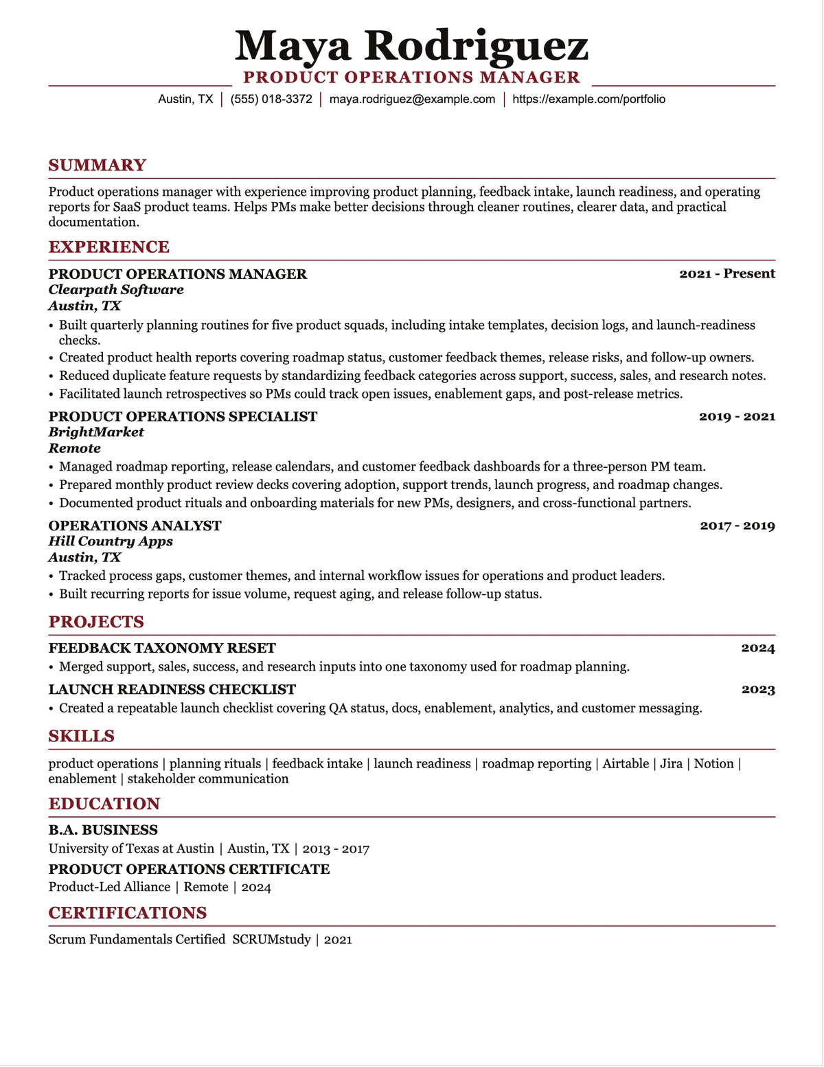 Product Operations Manager Resume resume example preview