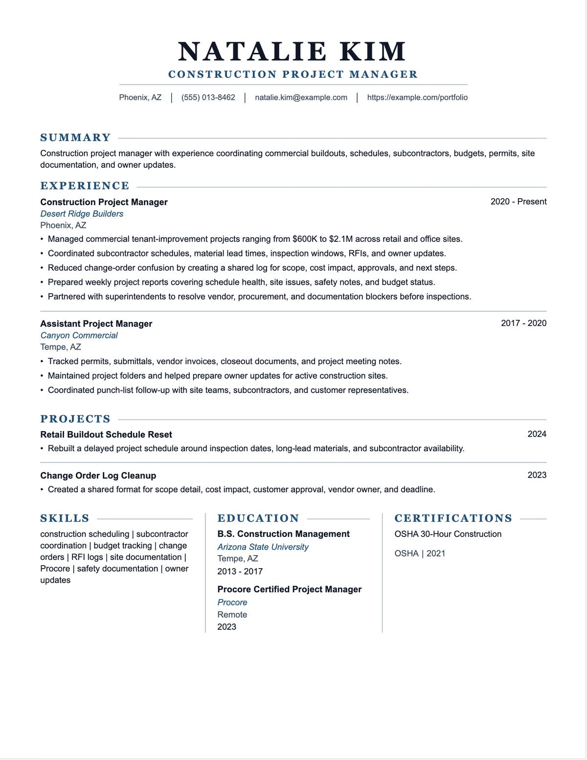 Construction Project Manager Resume resume example preview