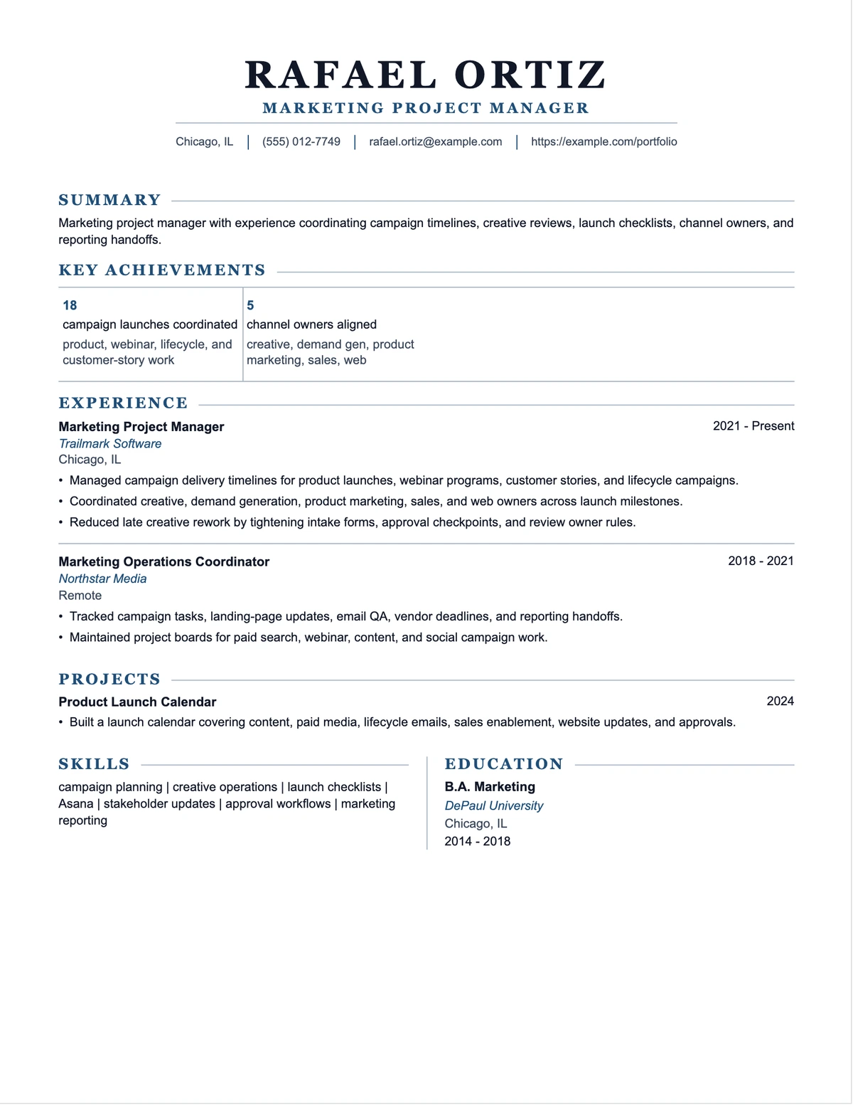 Marketing Project Manager Resume resume example preview