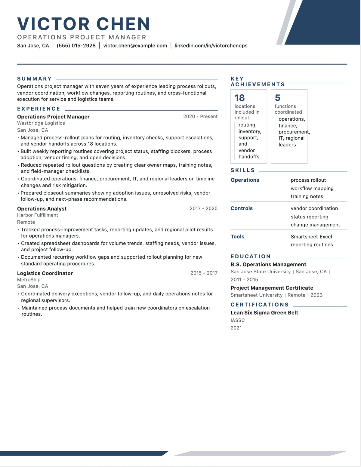 Operations Project Manager Resume resume example preview