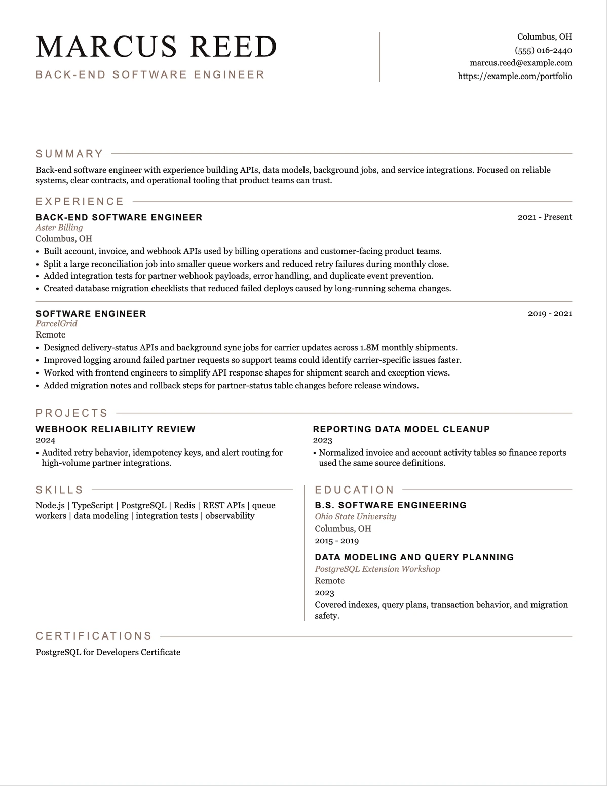 Back-End Software Engineer Resume resume example preview