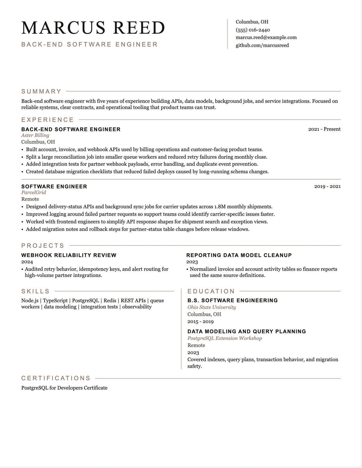 Back-End Software Engineer Resume resume example preview