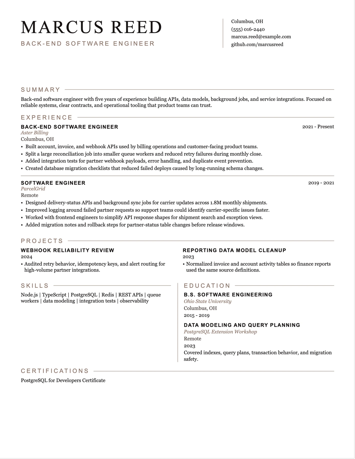 Back-End Software Engineer Resume resume example preview