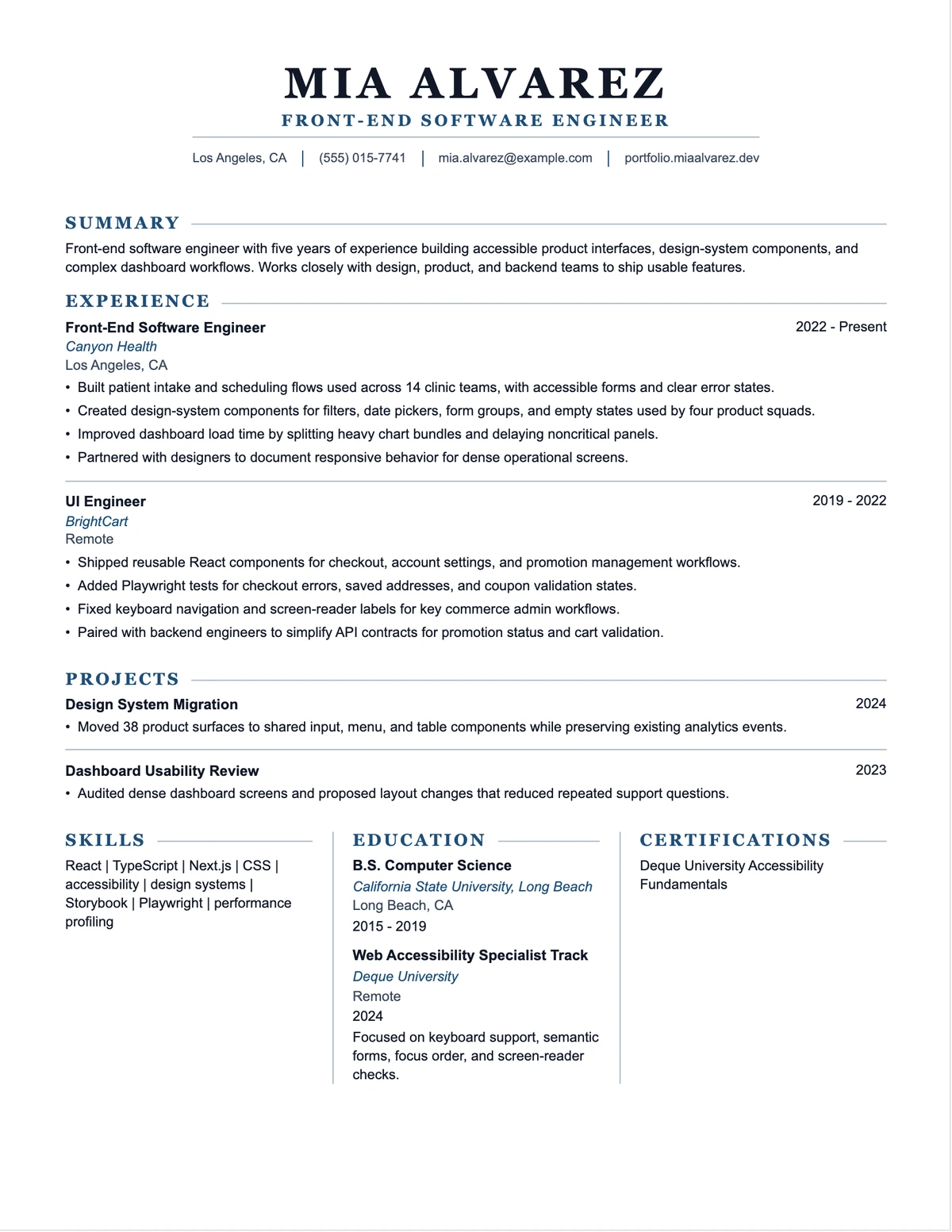 Front-End Software Engineer Resume resume example preview
