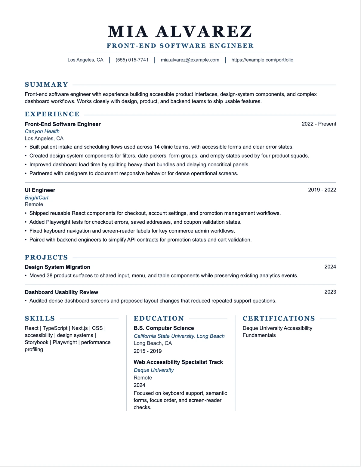 Front-End Software Engineer Resume resume example preview