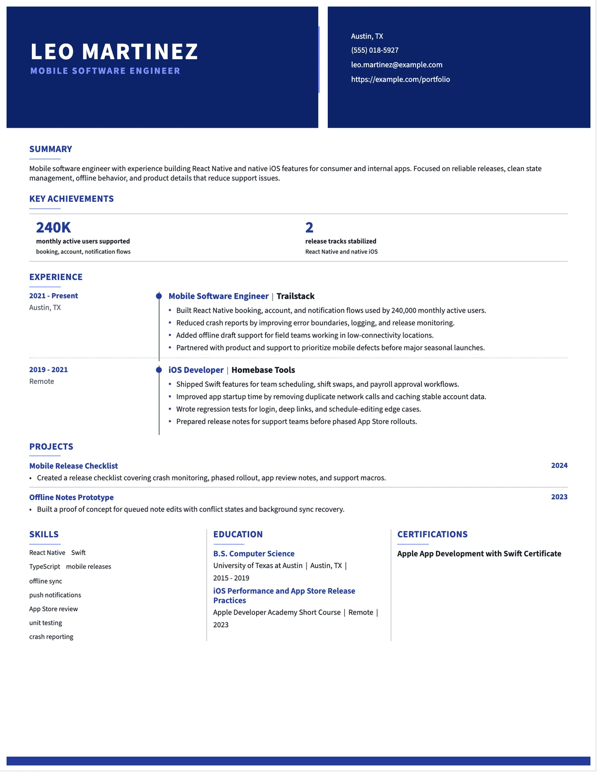 Mobile Software Engineer Resume resume example preview