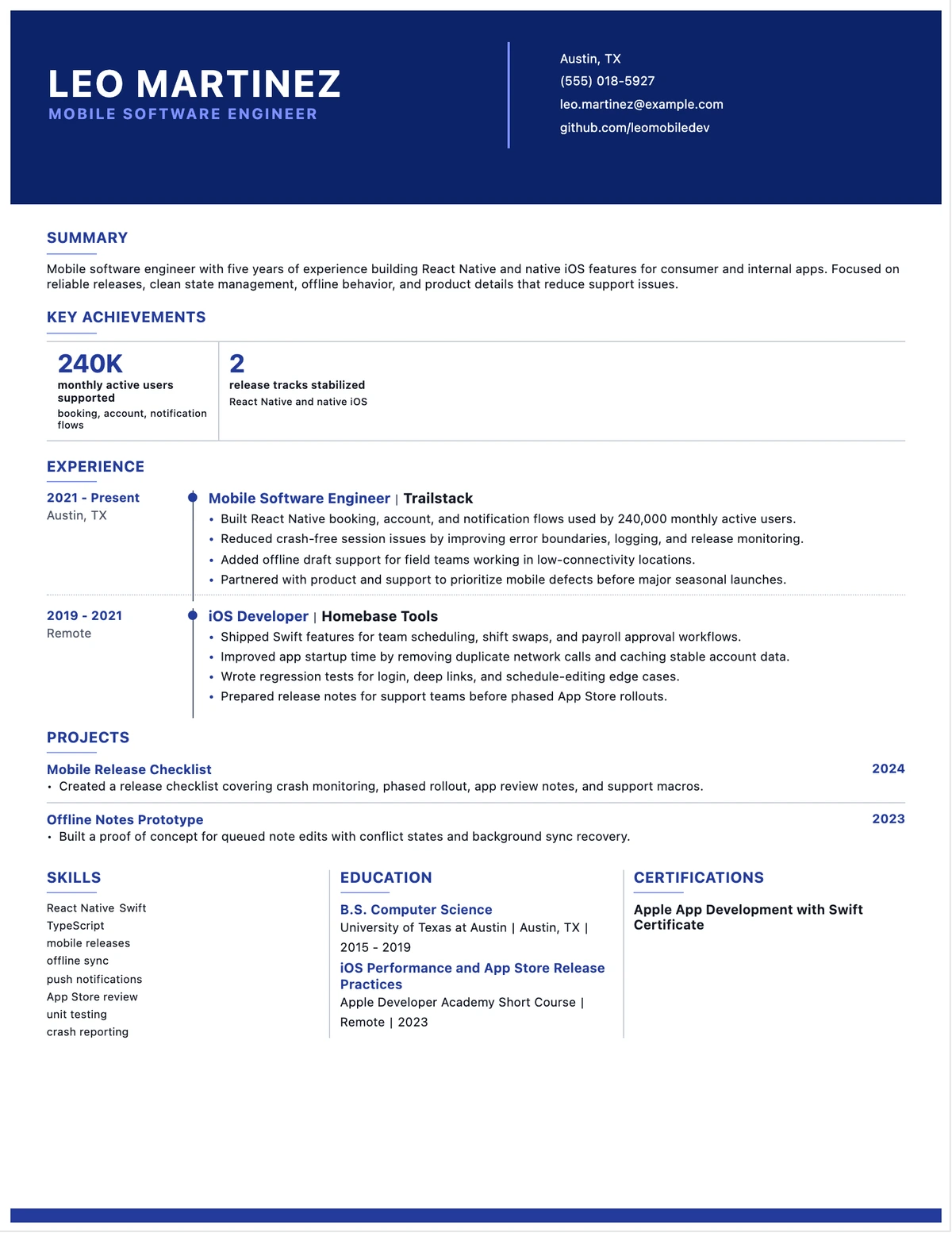 Mobile Software Engineer Resume resume example preview