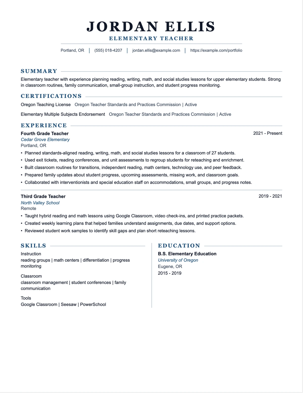 Elementary Teacher Resume resume example preview