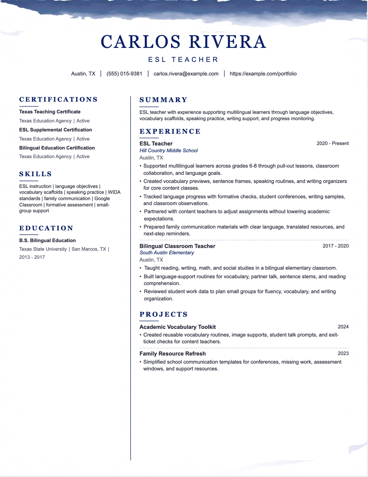 ESL Teacher Resume resume example preview