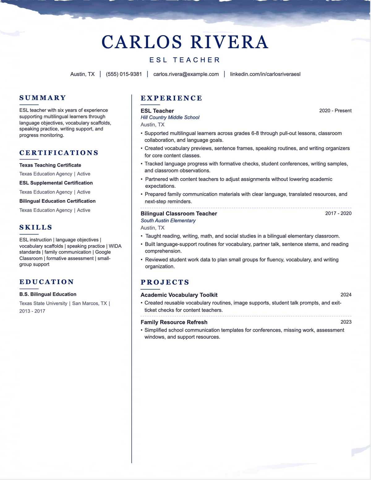 ESL Teacher Resume resume example preview