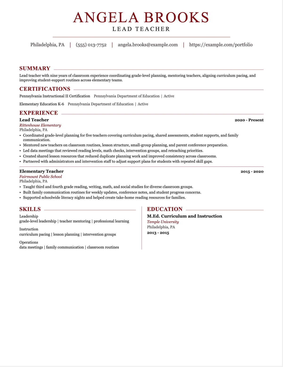 Lead Teacher Resume resume example preview