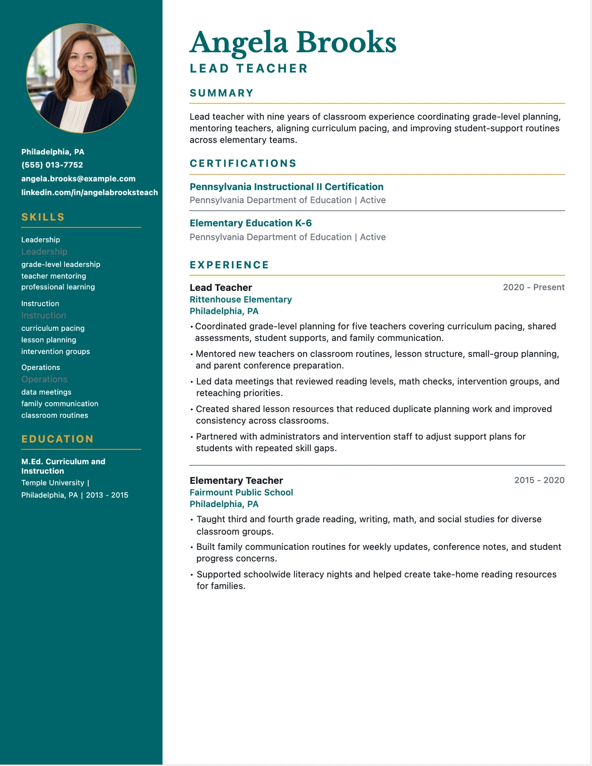 Lead Teacher Resume resume example preview