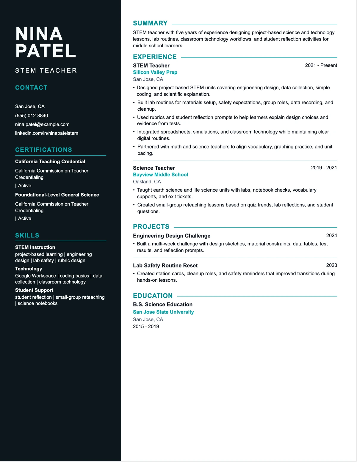 STEM Teacher Resume resume example preview