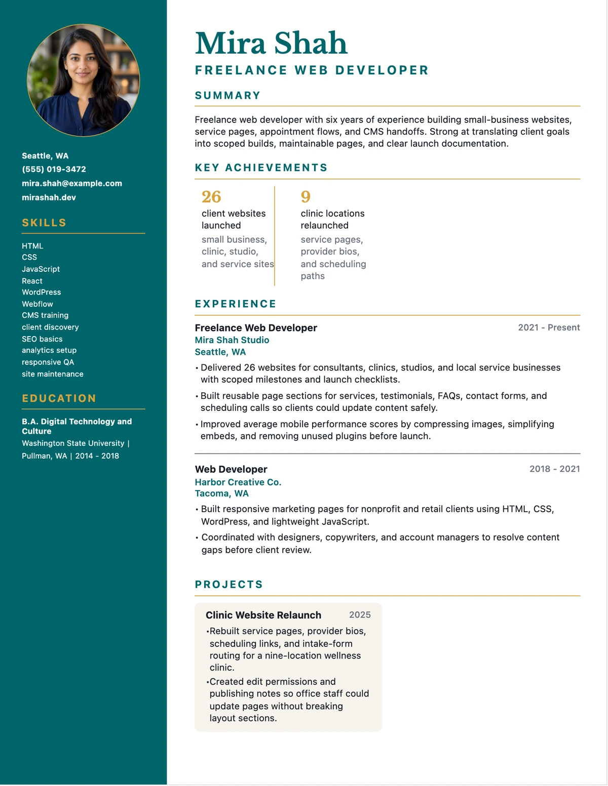 Freelance Web Developer Resume resume example preview