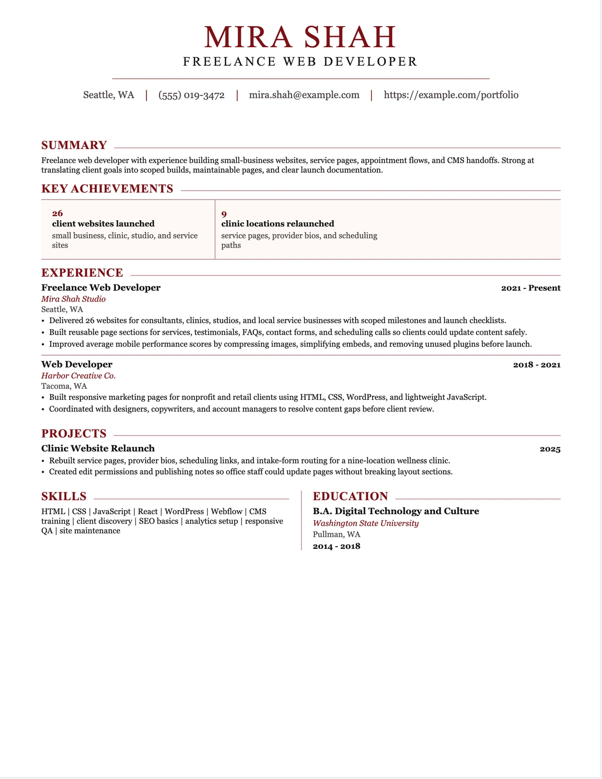 Freelance Web Developer Resume resume example preview