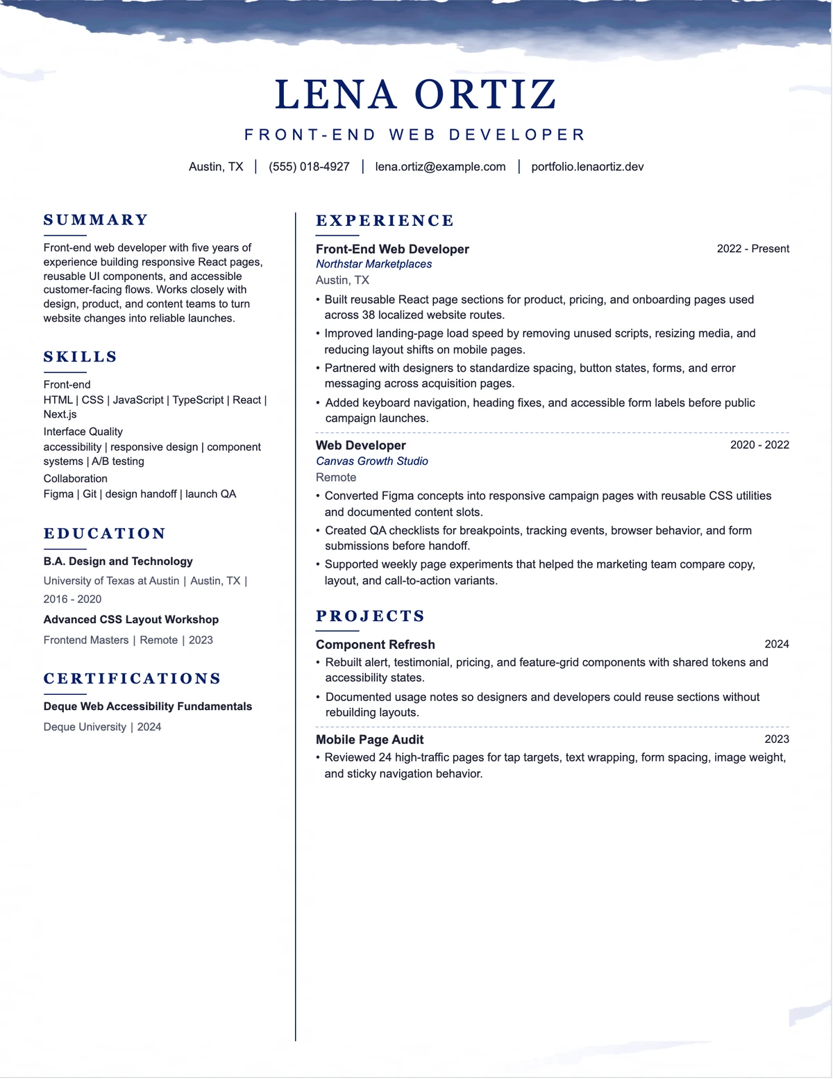 Front-End Web Developer Resume resume example preview
