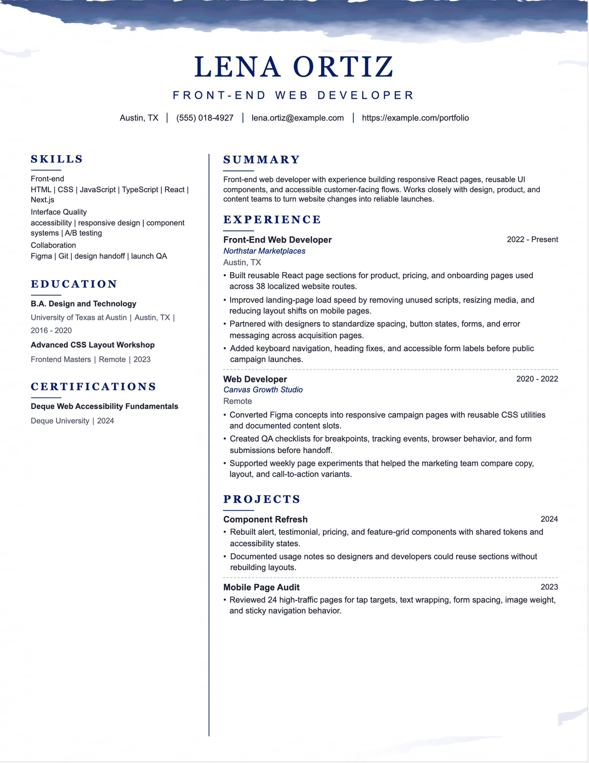 Front-End Web Developer Resume resume example preview