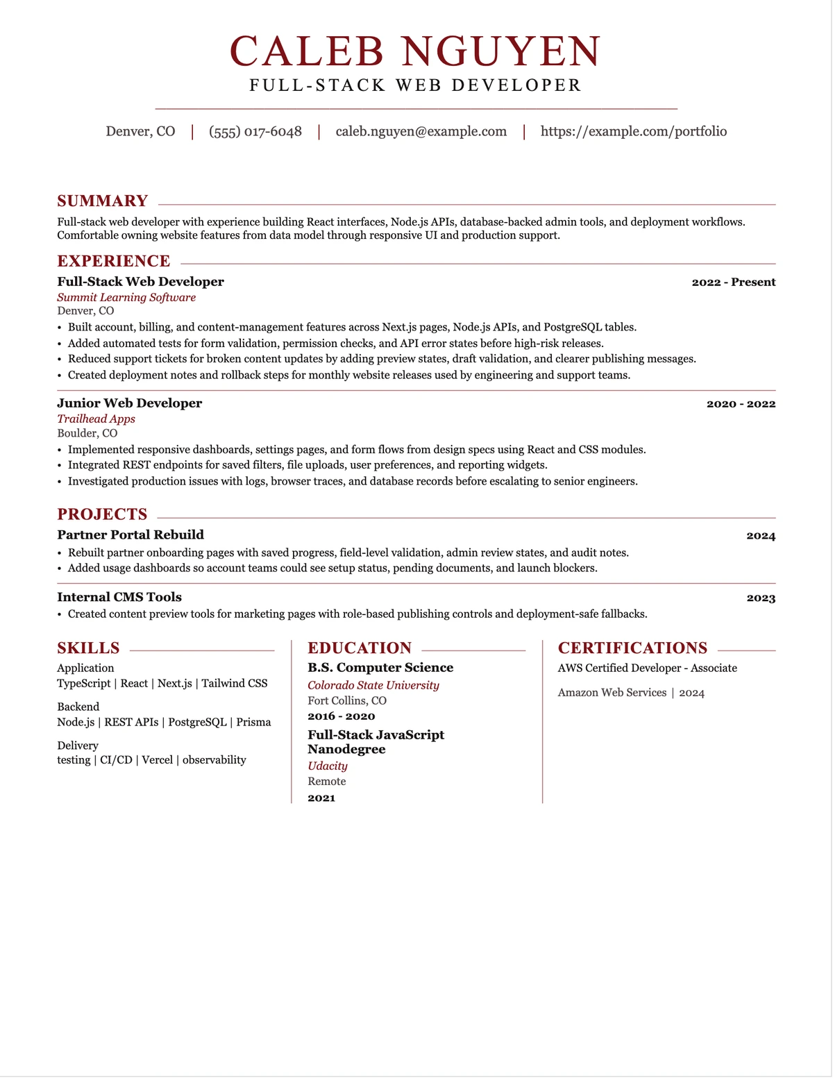 Full-Stack Web Developer Resume resume example preview