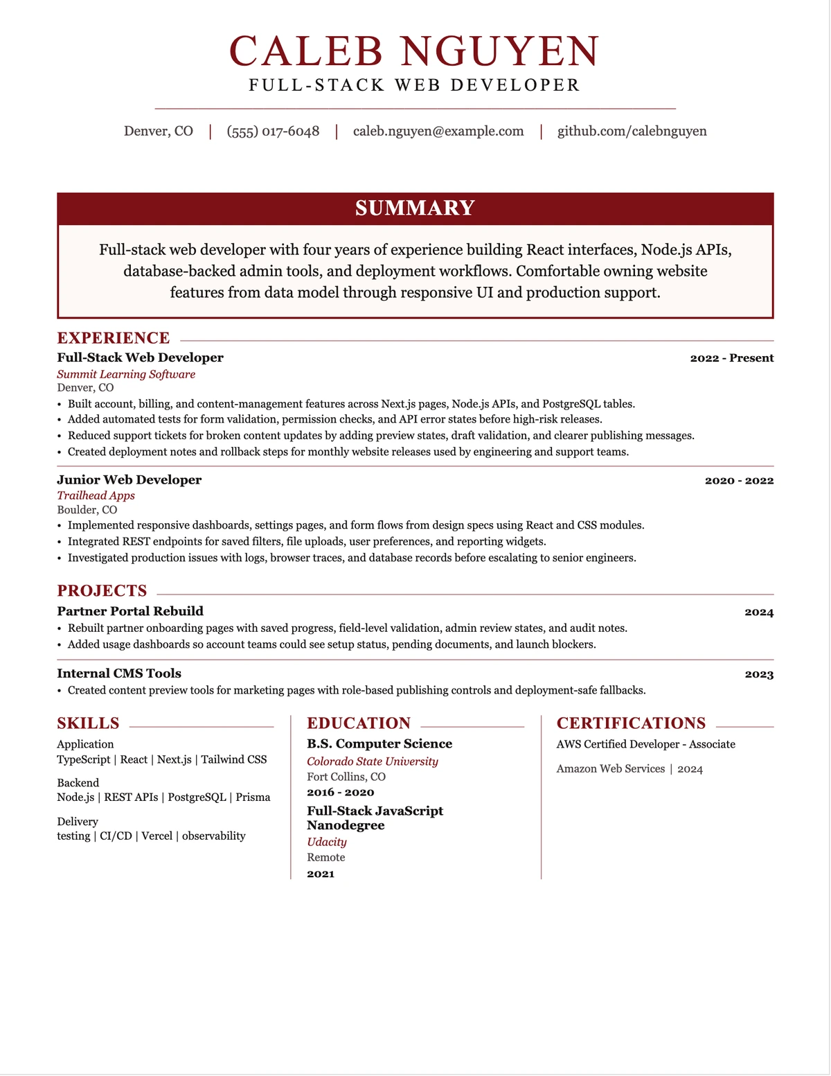 Full-Stack Web Developer Resume resume example preview