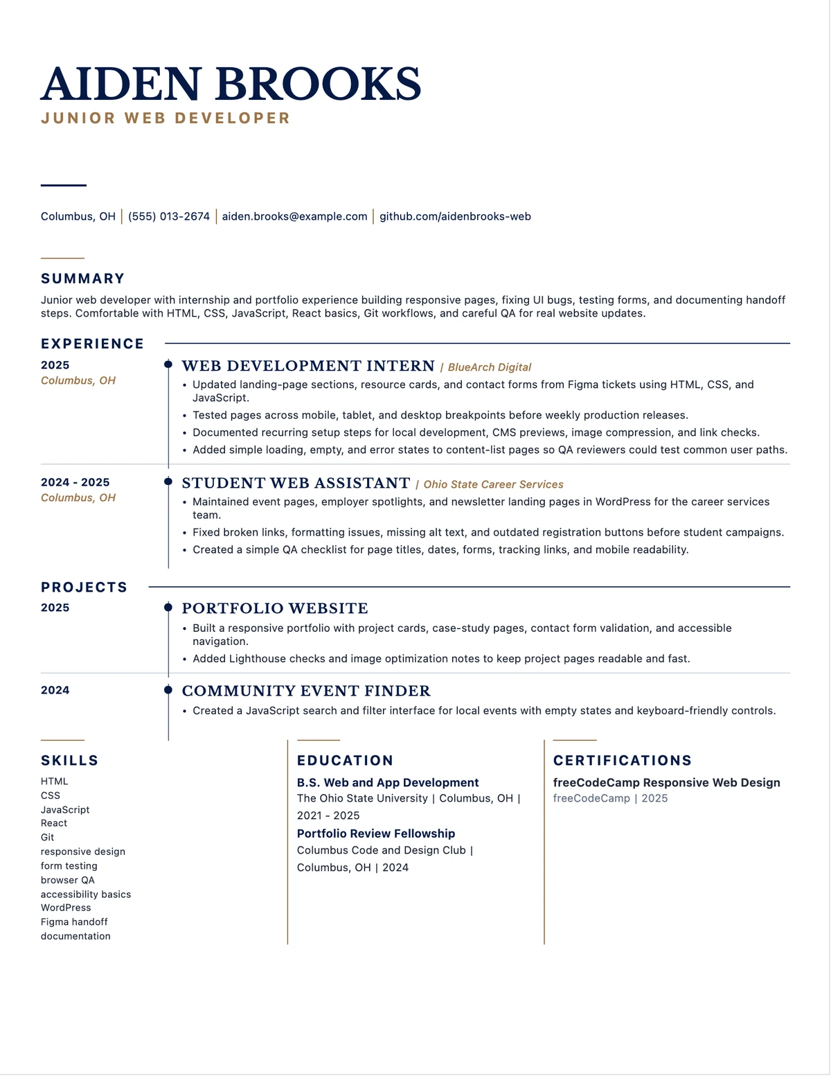 Junior Web Developer Resume resume example preview