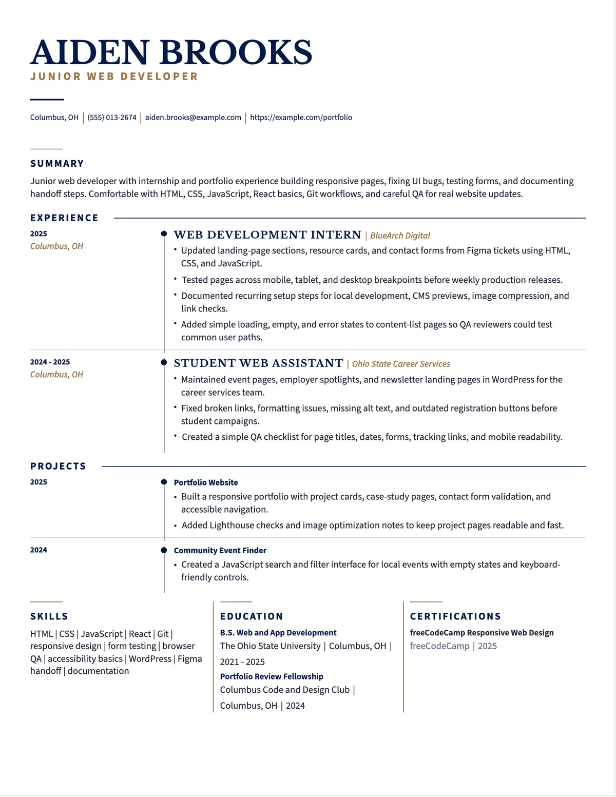 Junior Web Developer Resume resume example preview