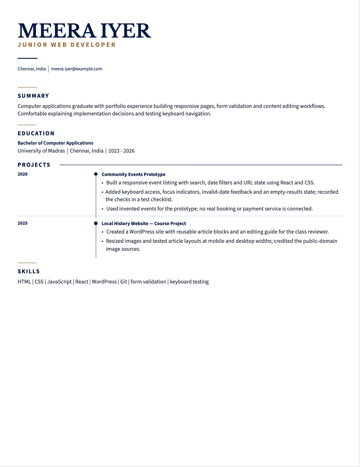 Junior Web Developer Portfolio Resume resume example preview