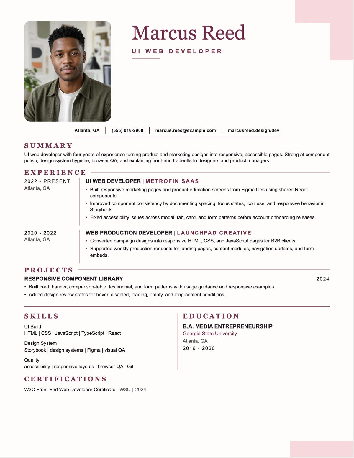 UI Web Developer Resume resume example preview