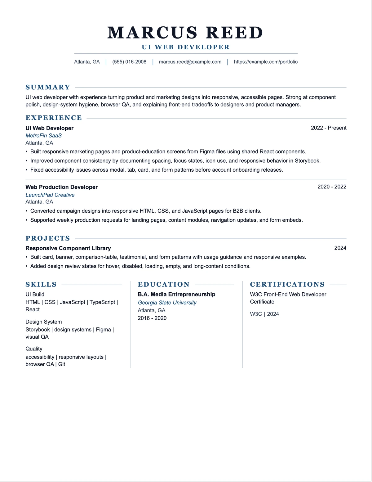 UI Web Developer Resume resume example preview