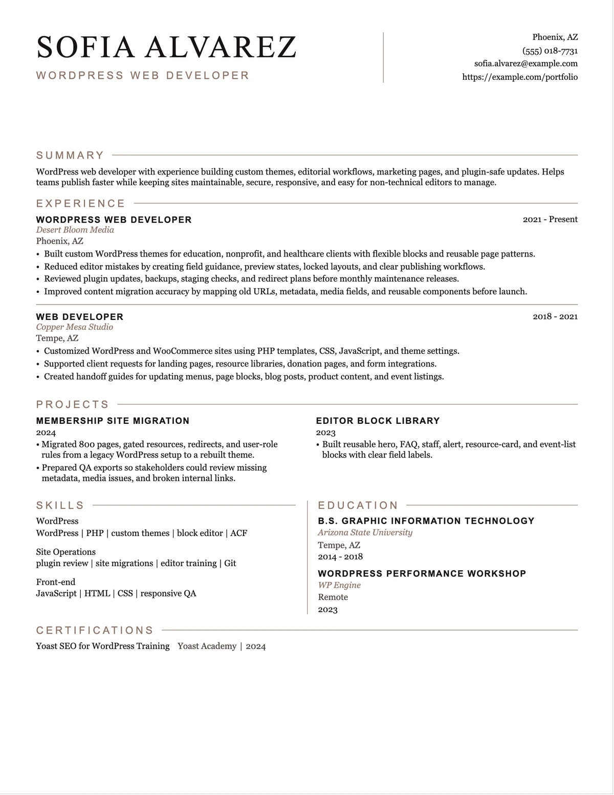 WordPress Web Developer Resume resume example preview