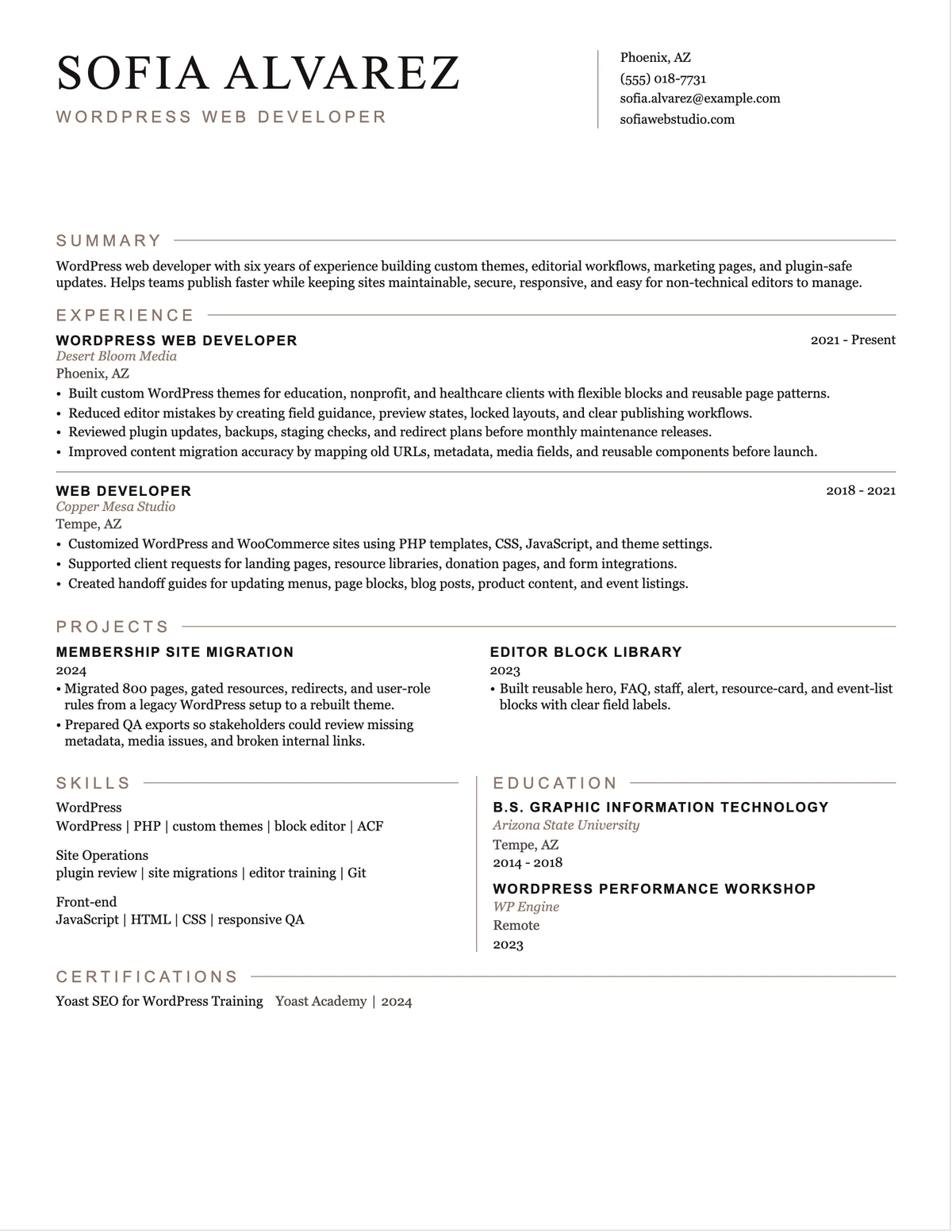 WordPress Web Developer Resume resume example preview